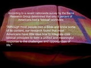 According to a recent nationwide survey by the Barna
  Research Group determined that only 9 percent of
         Americans had a "biblical" worldview.

"Although most people own a Bible and know some
of its content, our research found that most
Americans have little idea how to integrate core
biblical principles to form a unified and meaningful
response to the challenges and opportunities of
life."
 