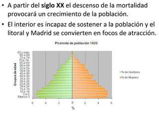 • A partir del siglo XX el descenso de la mortalidad
  provocará un crecimiento de la población.
• El interior es incapaz de sostener a la población y el
  litoral y Madrid se convierten en focos de atracción.
 