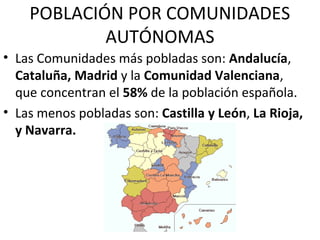 POBLACIÓN POR COMUNIDADES
            AUTÓNOMAS
• Las Comunidades más pobladas son: Andalucía,
  Cataluña, Madrid y la Comunidad Valenciana,
  que concentran el 58% de la población española.
• Las menos pobladas son: Castilla y León, La Rioja,
  y Navarra.
 