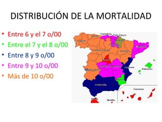 DISTRIBUCIÓN DE LA MORTALIDAD
•   Entre 6 y el 7 o/00
•   Entre el 7 y el 8 o/00
•   Entre 8 y 9 o/00
•   Entre 9 y 10 o/00
•   Más de 10 o/00
 