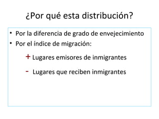 ¿Por qué esta distribución?
• Por la diferencia de grado de envejecimiento
• Por el índice de migración:

     + Lugares emisores de inmigrantes
     - Lugares que reciben inmigrantes
 