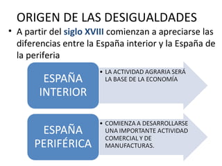 ORIGEN DE LAS DESIGUALDADES
• A partir del siglo XVIII comienzan a apreciarse las
  diferencias entre la España interior y la España de
  la periferia
 