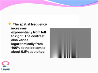  The spatial frequency
increases
exponentially from left
to right. The contrast
also varies
logarithmically from
100% at the bottom to
about 0.5% at the top
 