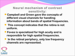 Neural mechanism of contrast
sensitivity:
Campbell and Green gave the concepts of
different visual channels for handling
information about bands of spatial frequencies.
 This concept indicates that the retina is not
uniform.
Fovea is specialized for high acuity and is
responsible for high spatial frequencies.
 In the retinal periphery, only low frequency
channels are represented.
 