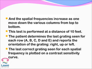 And the spatial frequencies increase as one
move down the various columns from top to
bottom.
This test is performed at a distance of 10 feet.
The patient determines the last grating seen for
each row (A, B, C, D and E) and reports the
orientation of the grating: right, up or left.
The last correct grating seen for each spatial
frequency is plotted on a contrast sensitivity
curve.
 