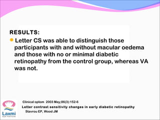 RESULTS:
Letter CS was able to distinguish those
participants with and without macular oedema
and those with no or minimal diabetic
retinopathy from the control group, whereas VA
was not.
Clinical optom 2003 May;86(3):152-6
Letter contrast sensitivity changes in early diabetic retinopathy
Stavrou EP, Wood JM
 