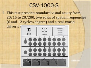 CSV-1000-S 
 This test presents standard visual acuity from 
20/15 to 20/200, two rows of spatial frequencies 
(6 and 12 cycles/degree) and a real-world 
driver’s scene. 
$250.00 
 