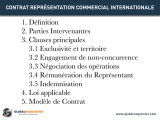 CONTRAT REPRÉSENTATION COMMERCIAL INTERNATIONALE
1. Définition
2. Parties Intervenantes
3. Clauses principales
3.1 Exclusivité et territoire
3.2 Engagement de non-concurrence
3.3 Négociation des opérations
3.4 Rémunération du Représentant
3.5 Indemnisation
4. Loi applicable
5. Modèle de Contrat
www.globalnegotiator.com
 