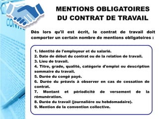 MENTIONS OBLIGATOIRES
DU CONTRAT DE TRAVAIL
Dès lors qu'il est écrit, le contrat de travail doit
comporter un certain nombre de mentions obligatoires :
1. Identité de l'employeur et du salarié.
2. Date de début du contrat ou de la relation de travail.
3. Lieu de travail.
4. Titre, grade, qualité, catégorie d'emploi ou description
sommaire du travail.
5. Durée du congé payé.
6. Durée du préavis à observer en cas de cessation de
contrat.
7. Montant et périodicité de versement de la
rémunération.
8. Durée du travail (journalière ou hebdomadaire).
9. Mention de la convention collective.
 