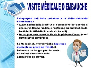 L'employeur doit faire procéder à la visite médicale
d'embauche :
●
Avant l'embauche (surtout si l'embauché est soumis à
une surveillance médicale renforcée en application de
l’article R. 4624-18 du code du travail)
●
Ou au plus tard avant la fin de la période d'essai (sauf
surveillance renforcée)
Le Médecin du Travail vérifie l'aptitude
médicale au poste de travail et
l'absence de danger pour la santé
du nouvel embauché ou la
collectivité de travail.
 