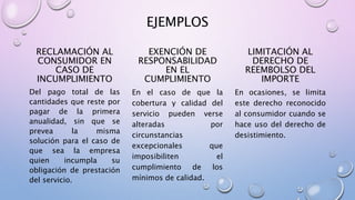 EJEMPLOS
RECLAMACIÓN AL
CONSUMIDOR EN
CASO DE
INCUMPLIMIENTO
Del pago total de las
cantidades que reste por
pagar de la primera
anualidad, sin que se
prevea la misma
solución para el caso de
que sea la empresa
quien incumpla su
obligación de prestación
del servicio.
EXENCIÓN DE
RESPONSABILIDAD
EN EL
CUMPLIMIENTO
En el caso de que la
cobertura y calidad del
servicio pueden verse
alteradas por
circunstancias
excepcionales que
imposibiliten el
cumplimiento de los
mínimos de calidad.
LIMITACIÓN AL
DERECHO DE
REEMBOLSO DEL
IMPORTE
En ocasiones, se limita
este derecho reconocido
al consumidor cuando se
hace uso del derecho de
desistimiento.
 