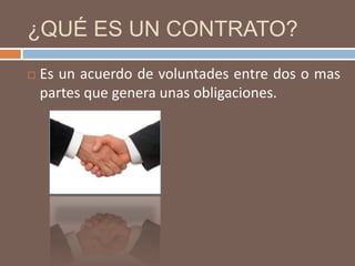 ¿QUÉ ES UN CONTRATO?Es un acuerdo de voluntades entre dos o mas partes que genera unas obligaciones.