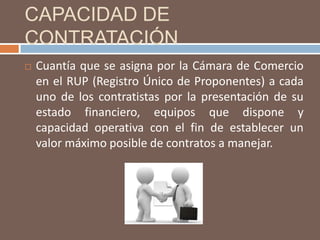 CAPACIDAD DE CONTRATACIÓN Cuantía que se asigna por la Cámara de Comercio en el RUP (Registro Único de Proponentes) a cada uno de los contratistas por la presentación de su estado financiero, equipos que dispone y capacidad operativa con el fin de establecer un valor máximo posible de contratos a manejar.
