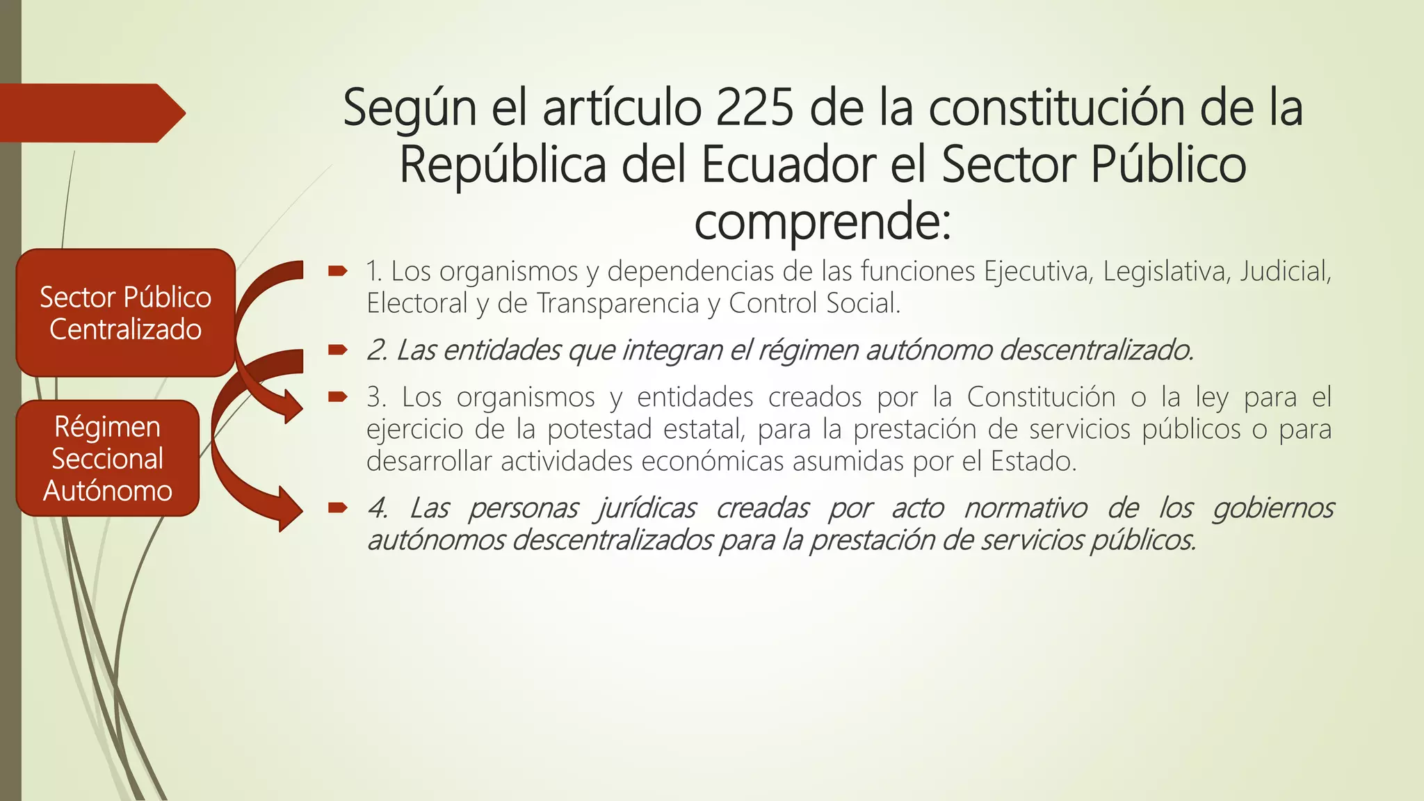 Según el artículo 225 de la constitución de la
República del Ecuador el Sector Público
comprende:
 1. Los organismos y dependencias de las funciones Ejecutiva, Legislativa, Judicial,
Electoral y de Transparencia y Control Social.
 2. Las entidades que integran el régimen autónomo descentralizado.
 3. Los organismos y entidades creados por la Constitución o la ley para el
ejercicio de la potestad estatal, para la prestación de servicios públicos o para
desarrollar actividades económicas asumidas por el Estado.
 4. Las personas jurídicas creadas por acto normativo de los gobiernos
autónomos descentralizados para la prestación de servicios públicos.
Régimen
Seccional
Autónomo
Sector Público
Centralizado
 