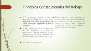 Principios Constitucionales del Trabajo
 5. Toda persona tendrá derecho a
desarrollar sus labores en un ambiente
adecuado y propicio, que garantice su
salud, integridad, seguridad, higiene y
bienestar.
 6. Toda persona rehabilitada después
de un accidente de trabajo o
enfermedad, tendrá derecho a ser
reintegrada al trabajo y a mantener la
relación laboral, de acuerdo con la ley.
 Art. 539. Inciso segundo:
 El Ministerio rector del trabajo ejercerá
la rectoría en materia de seguridad en
el trabajo y en la prevención de
riesgos laborales y será competente
para emitir normas y regulaciones a
nivel nacional en la materia.
 