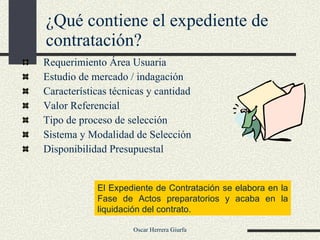 ¿Qué contiene el expediente de contratación? Requerimiento Área Usuaria Estudio de mercado / indagación Características técnicas y cantidad  Valor Referencial Tipo de proceso de selección Sistema y Modalidad de Selección Disponibilidad Presupuestal El Expediente de Contratación se elabora en la Fase de Actos preparatorios y acaba en la liquidación del contrato. 