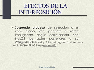 Suspende proceso  de selección o el ítem, etapa, lote, paquete o tramo impugnado, según corresponda. Son  NULOS los actos posteriores  a su interposición. EFECTOS DE LA INTERPOSICIÓN Obligación: Entidad y Tribunal registrará el recurso en la FICHA SEACE, ese  mismo día .  