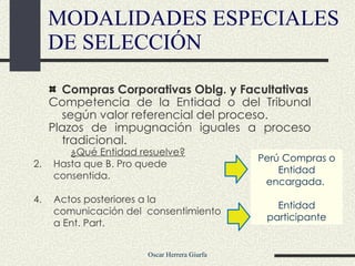Compras Corporativas Oblg. y Facultativas Competencia de la Entidad o del Tribunal según valor referencial del proceso.  Plazos de impugnación iguales a proceso tradicional. MODALIDADES ESPECIALES DE SELECCIÓN ¿Qué Entidad resuelve? Hasta que B. Pro quede consentida. Actos posteriores a la comunicación del  consentimiento a Ent. Part. Perú Compras o Entidad encargada.  Entidad participante 