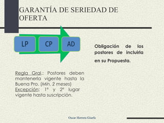 Obligación de los postores de incluirla en su Propuesta.   GARANTÍA DE SERIEDAD DE OFERTA Regla Gral .: Postores deben mantenerla vigente hasta la Buena Pro. ( Mín. 2 meses ) Excepción : 1º y 2º lugar  vigente hasta suscripción.  