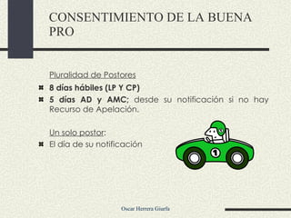 Pluralidad de Postores 8 días hábiles (LP Y CP) 5 días AD y AMC;  desde su notificación si no hay Recurso de Apelación. Un solo postor :  El día de su notificación CONSENTIMIENTO DE LA BUENA PRO 