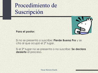 Procedimiento de Suscripción Para el postor: Si no se presenta o suscribe:  Pierde Buena Pro  y se cita al que ocupó el 2º lugar. Si el 2º lugar no se presenta o no suscribe:  Se declara desierto  el proceso. 