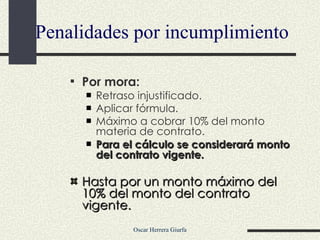 Penalidades por incumplimiento Por mora: Retraso injustificado. Aplicar fórmula. Máximo a cobrar 10% del monto materia de contrato. Para el cálculo se considerará monto del contrato vigente. Hasta por un monto máximo del 10% del monto del contrato vigente. 