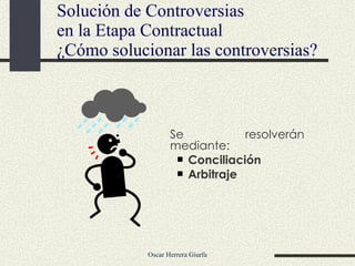 Solución de Controversias  en la Etapa Contractual  ¿Cómo solucionar las controversias? Se resolverán mediante: Conciliación Arbitraje 