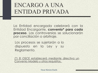 La Entidad encargada celebrará con la Entidad Encargante,  convenio* para cada proceso . Las controversias se solucionarán por conciliación o arbitraje. ENCARGO A UNA ENTIDAD PRIVADA (*) El OSCE establecerá mediante directiva un Convenio Modelo y otros requisitos.  Los procesos se sujetarán a lo dispuesto en la Ley y su Reglamento . 