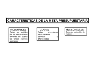 CARACTERISTICAS DE LA META PRESUPUESTARIA RAZONABLES Deben ser factibles de ser desarrolladas teniendo en cuenta los fondos públicos asignados CLARAS Deben encontrarse explícitamente definidas y diferenciadas MENSURABLES Deben ser susceptibles de medición 