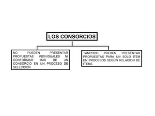 LOS CONSORCIOS NO PUEDEN PRESENTAR PROPUESTAS INDIVIDUALES NI CONFORMAR MAS DE UN CONSORCIO EN UN PROCESO DE SELECCION TAMPOCO PUEDEN PRESENTAR PROPUESTAS PARA UN SOLO ITEM EN PROCESOS SEGÚN RELACION DE ITEMS 