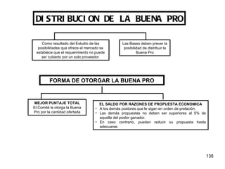 DISTRIBUCION DE LA BUENA PRO Como resultado del Estudio de las posibilidades que ofrece el mercado se establece que el requerimiento no puede ser cubierto por un solo proveedor. Las Bases deben prever la posibilidad de distribuir la Buena Pro FORMA DE OTORGAR LA BUENA PRO MEJOR PUNTAJE TOTAL El Comité le otorga la Buena Pro por la cantidad ofertada EL SALDO POR RAZONES DE PROPUESTA ECONOMICA A los demás postores que le sigan en orden de prelación. Las demás propuestas no deben ser superiores al 5% de aquella del postor ganador. En caso contrario, pueden reducir su propuesta hasta adecuarse. 
