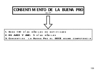 CONSENTIMIENTO DE LA BUENA PRO Art. 77º Ocho (8) días hábiles de notificado EN AADD Y AMC: 5 días hábiles Consentido  la Buena Pro el OECE asume competencia 