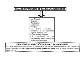 El VALOR REFERENCIAL SE CALCULARA INCLUYENDO Los Tributos Seguros Transportes Inspecciones Prueba y Los Costos Laborales  conforme a la legislación vigente, de ser el caso Cualquier otro concepto Las Cotizaciones de los proveedores deben incluir los indicados componente PROCESOS DE SELECCIÓN SEGUN RELACION DE ITEMS :  El VR se determinará en función a la sumatoria de los Valores Referenciales de cada uno de los Items considerados.  EN LAS BASES DEBERA ESPECIFICARSE  tanto el VR de los Items cuanto el VR del PS 