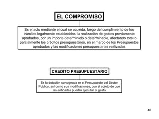 EL COMPROMISO Es el acto mediante el cual se acuerda, luego del cumplimiento de los trámites legalmente establecidos, la realización de gastos previamente aprobados, por un importe determinado o determinable, afectando total o parcialmente los créditos presupuestarios, en el marco de los Presupuestos aprobados y las modificaciones presupuestarias realizadas CREDITO PRESUPUESTARIO Es la dotación consignada en el Presupuesto del Sector Publico, así como sus modificaciones, con el objeto de que las entidades puedan ejecutar el gasto 