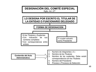 DESIGNACIÓN DEL COMITÉ ESPECIAL Rglto. Art. 27º   Contenido del Acto Administrativo : Numero de integrantes ( 3 ) Nombre de los Titulares Nombre de los suplentes. Debe existir correspondencia con los Titulares Nombre del Presidente Proceso o Procesos de Selección LO DESIGNA POR ESCRITO EL TITULAR DE LA ENTIDAD O FUNCIONARIO DELEGADO FORMA DE DESIGNACION A los Titulares y Suplentes Con indicación de sus nombres completos Con correspondencia entre ambos Y a quien actuará como Presidente 