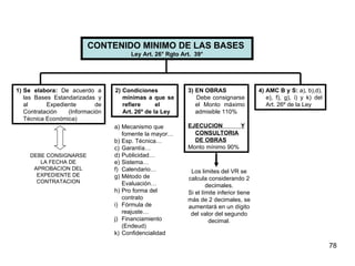 CONTENIDO MINIMO DE LAS BASES   Ley Art. 26° Rgto Art.  39° 1) Se elabora:  De acuerdo a las Bases Estandarizadas y al Expediente de Contratación (Información Técnica Económica) 2) Condiciones mínimas a que se refiere el  Art. 26º de la Ley 3) EN OBRAS Debe consignarse el Monto máximo admisible 110% EJECUCION Y CONSULTORIA DE OBRAS Monto mínimo 90%   4) AMC B y S:  a), b),d), e), f), g), i) y k) del Art. 26º de la Ley Mecanismo que fomente la mayor… Esp. Técnica… Garantía… Publicidad… Sistema… Calendario… Método de Evaluación… Pro forma del contrato Fórmula de reajuste… Financiamiento (Endeud) Confidencialidad Los limites del VR se calcula considerando 2 decimales. Si el límite inferior tiene más de 2 decimales, se aumentará en un dígito del valor del segundo decimal. DEBE CONSIGNARSE LA FECHA DE APROBACION DEL EXPEDIENTE DE CONTRATACION 