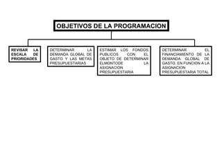 OBJETIVOS DE LA PROGRAMACION REVISAR LA ESCALA DE PRIORIDADES DETERMINAR LA DEMANDA GLOBAL DE GASTO Y LAS METAS PRESUPUESTARIAS ESTIMAR LOS FONDOS PUBLICOS CON EL OBJETO DE DETERMINAR ELMONTODE LA ASIGNACION PRESUPUESTARIA DETERMINAR EL FINANCIAMIENTO DE LA DEMANDA GLOBAL DE GASTO, EN FUNCION A LA ASIGNACION PRESUPUESTARIA TOTAL 