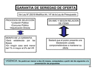 GARANTIA DE SERIEDAD DE OFERTA PROCESOS DE SELECCIÓN Licitación Pública Concurso Público Adjudicación Directa MONTO DE LA GARANTIA Será establecida por las Bases En ningún caso será menor del 1% ni mayor al 2% del VR EN AMC Y SEGÚN RELACION DE ITEMS Bastará que el postor presente una Declaración Jurada comprometiéndose a mantener su oferta Ver Ley Nº 29319 Modifica Art. 14º de la Ley de Presupuesto  VIGENCIA :  No podrá ser menor a dos (2) meses, computados a partir del día siguiente a la presentación de propuestas 