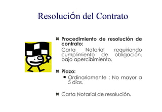 Resolución del Contrato

      Procedimiento de resolución de
      contrato:
      Carta     Notarial   requiriendo
      cumplimiento de obligación,
      bajo apercibimiento.

      Plazo:
        Ordinariamente : No mayor a
         5 días.

      Carta Notarial de resolución.
 