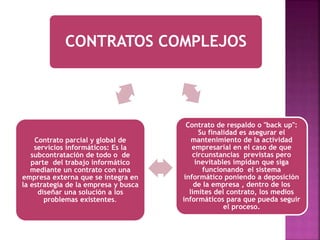 CONTRATOS COMPLEJOS
Contrato de respaldo o "back up":
Su finalidad es asegurar el
mantenimiento de la actividad
empresarial en el caso de que
circunstancias previstas pero
inevitables impidan que siga
funcionando el sistema
informático poniendo a deposición
de la empresa , dentro de los
límites del contrato, los medios
informáticos para que pueda seguir
el proceso.
Contrato parcial y global de
servicios informáticos: Es la
subcontratación de todo o de
parte del trabajo informático
mediante un contrato con una
empresa externa que se integra en
la estrategia de la empresa y busca
diseñar una solución a los
problemas existentes.
 
