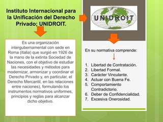 Instituto Internacional para
la Unificación del Derecho
Privado; UNIDROIT.
Es una organización
intergubernamental con sede en
Roma (Italia) que surgió en 1926 de
la mano de la extinta Sociedad de
Naciones, con el objetivo de estudiar
las necesidades y métodos para
modernizar, armonizar y coordinar el
Derecho Privado y, en particular, el
Derecho Mercantil, en las relaciones
entre naciones), formulando los
instrumentos normativos uniformes,
principios y reglas para alcanzar
dicho objetivo.
En su normativa comprende:
1. Libertad de Contratación.
2. Libertad Formal.
3. Carácter Vinculante.
4. Actuar con Buena Fe.
5. Comportamiento
Contradictorio.
6. Deber de Confidencialidad.
7. Excesiva Onerosidad.
 