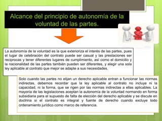 Alcance del principio de autonomía de la
voluntad de las partes.
La autonomía de la voluntad es la que exterioriza el interés de las partes, pues
el lugar de celebración del contrato puede ser casual y las prestaciones ser
reciprocas y tener diferentes lugares de cumplimiento, así como el domicilio y
la nacionalidad de las partes también pueden ser diferentes, y elegir una sola
ley aplicable al contrato que mejor se adapte a sus necesidades.
Solo cuando las partes no elijan un derecho aplicable entran a funcionar las normas
indirectas, debemos recordar que la ley aplicable al contrato no incluye ni la
capacidad, ni la forma, que se rigen por las normas indirectas a ellas aplicables. La
mayoría de las legislaciones aceptan la autonomía de la voluntad normando en forma
subsidiaria para el supuesto de falta de elección del derecho aplicable y se discute en
doctrina si el contrato es integral y fuente de derecho cuando excluye todo
ordenamiento jurídico como marco de referencia.
 