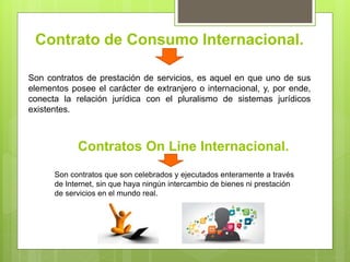 Contrato de Consumo Internacional.
Son contratos de prestación de servicios, es aquel en que uno de sus
elementos posee el carácter de extranjero o internacional, y, por ende,
conecta la relación jurídica con el pluralismo de sistemas jurídicos
existentes.
Contratos On Line Internacional.
Son contratos que son celebrados y ejecutados enteramente a través
de Internet, sin que haya ningún intercambio de bienes ni prestación
de servicios en el mundo real.
 
