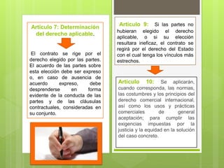 Artículo 9: Si las partes no
hubieran elegido el derecho
aplicable, o si su elección
resultara ineficaz, el contrato se
regirá por el derecho del Estado
con el cual tenga los vínculos más
estrechos.
Articulo 10: Se aplicarán,
cuando corresponda, las normas,
las costumbres y los principios del
derecho comercial internacional,
así como los usos y prácticas
comerciales de general
aceptación; para cumplir las
exigencias impuestas por la
justicia y la equidad en la solución
del caso concreto.
Articulo 7: Determinación
del derecho aplicable.
El contrato se rige por el
derecho elegido por las partes.
El acuerdo de las partes sobre
esta elección debe ser expreso
o, en caso de ausencia de
acuerdo expreso, debe
desprenderse en forma
evidente de la conducta de las
partes y de las cláusulas
contractuales, consideradas en
su conjunto.
 