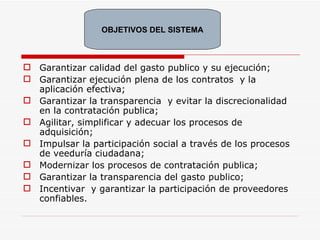 Garantizar calidad del gasto publico y su ejecución; Garantizar ejecución plena de los contratos  y la aplicación efectiva; Garantizar la transparencia  y evitar la discrecionalidad en la contratación publica; Agilitar, simplificar y adecuar los procesos de adquisición; Impulsar la participación social a través de los procesos de veeduría ciudadana; Modernizar los procesos de contratación publica; Garantizar la transparencia del gasto publico; Incentivar  y garantizar la participación de proveedores confiables. OBJETIVOS DEL SISTEMA 