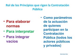 Rol de los Principios que rigen la Contratación
Pública
• Como parámetros
de la actuación
de quienes
participan en la
Contratación
Pública (todos los
actores públicos
y privados)
• Para elaborar
normas
• Para interpretar
• Para integrar
vacíos
Ricardo Salazar ChávezRicardo Salazar Chávez
 