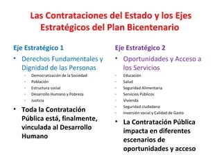 Las Contrataciones del Estado y los Ejes
Estratégicos del Plan Bicentenario
Eje Estratégico 1
• Derechos Fundamentales y
Dignidad de las Personas
- Democratización de la Sociedad
- Población
- Estructura social
- Desarrollo Humano y Pobreza
- Justicia
• Toda la Contratación
Pública está, finalmente,
vinculada al Desarrollo
Humano
Eje Estratégico 2
• Oportunidades y Acceso a
los Servicios
- Educación
- Salud
- Seguridad Alimentaria
- Servicios Públicos
- Vivienda
- Seguridad ciudadana
- Inversión social y Calidad de Gasto
• La Contratación Pública
impacta en diferentes
escenarios de
oportunidades y acceso
 
