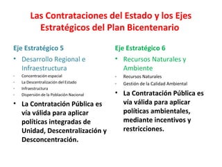 Las Contrataciones del Estado y los Ejes
Estratégicos del Plan Bicentenario
Eje Estratégico 5
• Desarrollo Regional e
Infraestructura
- Concentración espacial
- La Descentralización del Estado
- Infraestructura
- Dispersión de la Población Nacional
• La Contratación Pública es
vía válida para aplicar
políticas integradas de
Unidad, Descentralización y
Desconcentración.
Eje Estratégico 6
• Recursos Naturales y
Ambiente
- Recursos Naturales
- Gestión de la Calidad Ambiental
• La Contratación Pública es
vía válida para aplicar
políticas ambientales,
mediante incentivos y
restricciones.
 