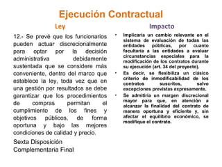 Ejecución Contractual
Ley
12.- Se prevé que los funcionarios
pueden actuar discrecionalmente
para optar por la decisión
administrativa debidamente
sustentada que se considere más
conveniente, dentro del marco que
establece la ley, toda vez que en
una gestión por resultados se debe
garantizar que los procedimientos
de compras permitan el
cumplimiento de los fines y
objetivos públicos, de forma
oportuna y bajo las mejores
condiciones de calidad y precio.
Sexta Disposición
Complementaria Final
Impacto
• Implicaría un cambio relevante en el
sistema de evaluación de todas las
entidades públicas, por cuanto
facultaría a las entidades a evaluar
circunstancias especiales para la
modificación de los contratos durante
su ejecución (art. 34 del proyecto).
• Es decir, se flexibiliza un clásico
criterio de inmodificabilidad de los
contratos suscritos, salvo
excepciones previstas expresamente.
• Se admitiría un margen discrecional
mayor para que, en atención a
alcanzar la finalidad del contrato de
manera oportuna y eficiente y, sin
afectar el equilibrio económico, se
modifique el contrato.
 