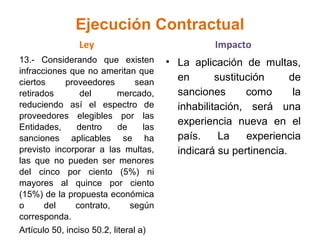 Ejecución Contractual
Ley
13.- Considerando que existen
infracciones que no ameritan que
ciertos proveedores sean
retirados del mercado,
reduciendo así el espectro de
proveedores elegibles por las
Entidades, dentro de las
sanciones aplicables se ha
previsto incorporar a las multas,
las que no pueden ser menores
del cinco por ciento (5%) ni
mayores al quince por ciento
(15%) de la propuesta económica
o del contrato, según
corresponda.
Artículo 50, inciso 50.2, literal a)
Impacto
• La aplicación de multas,
en sustitución de
sanciones como la
inhabilitación, será una
experiencia nueva en el
país. La experiencia
indicará su pertinencia.
 